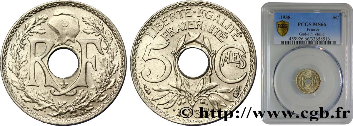 5 centimes Lindauer, maillechort, avec étoile 1938 Paris F.123/1 FDC66 PCGS