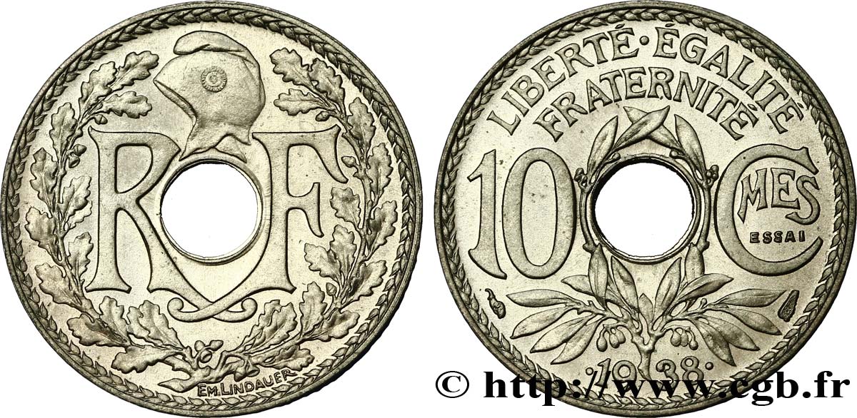 Essai de 10 centimes Lindauer, maillechort 1938 Paris F.139/1 SPL64 