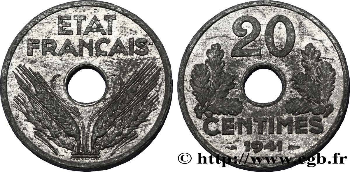 Essai-piéfort de 20 centimes État français 1941 Paris F.153/1P SS48 