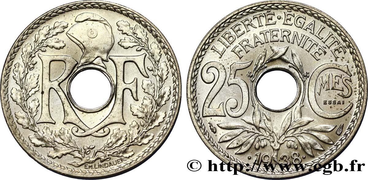 Essai de 25 centimes Lindauer, maillechort 1938 Paris F.172/1 FDC66 