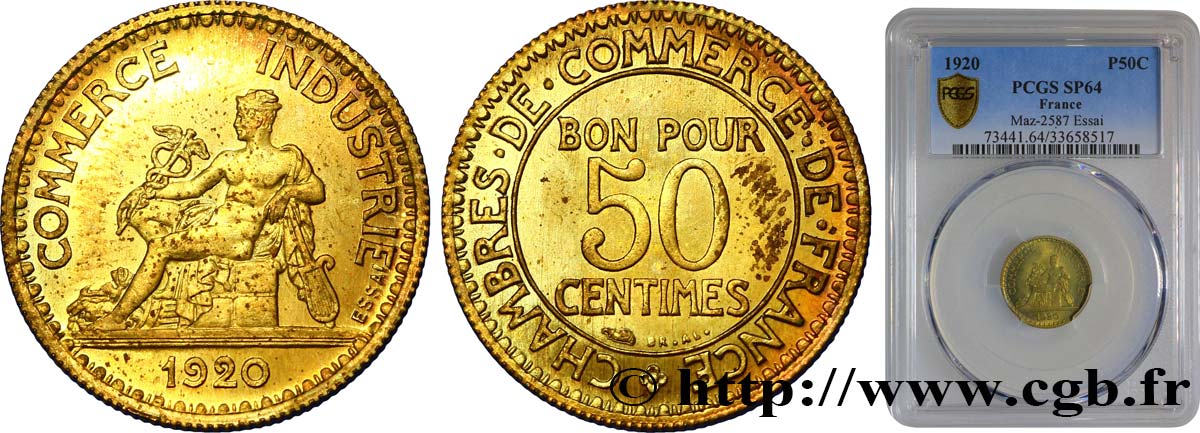 Essai de 50 centimes Chambres de commerce 1920 Paris F.191/1 fST64 PCGS