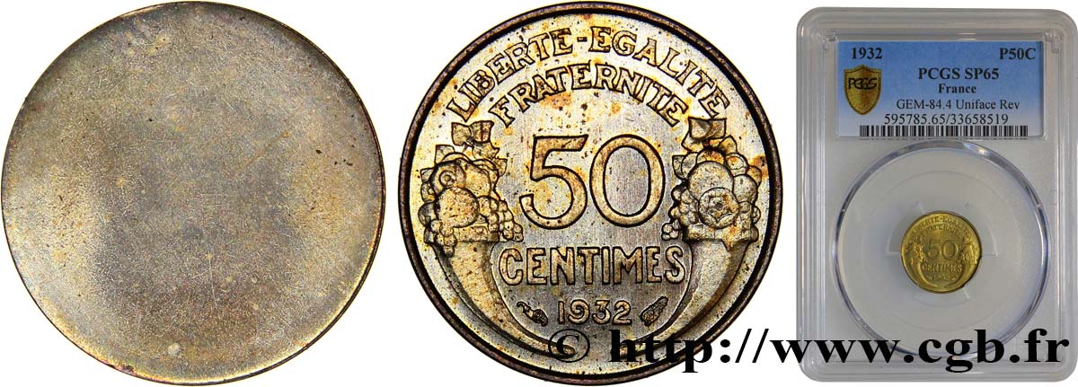 Essai uniface de revers de 50 centimes Morlon 1932  GEM.84 4 MS65 PCGS