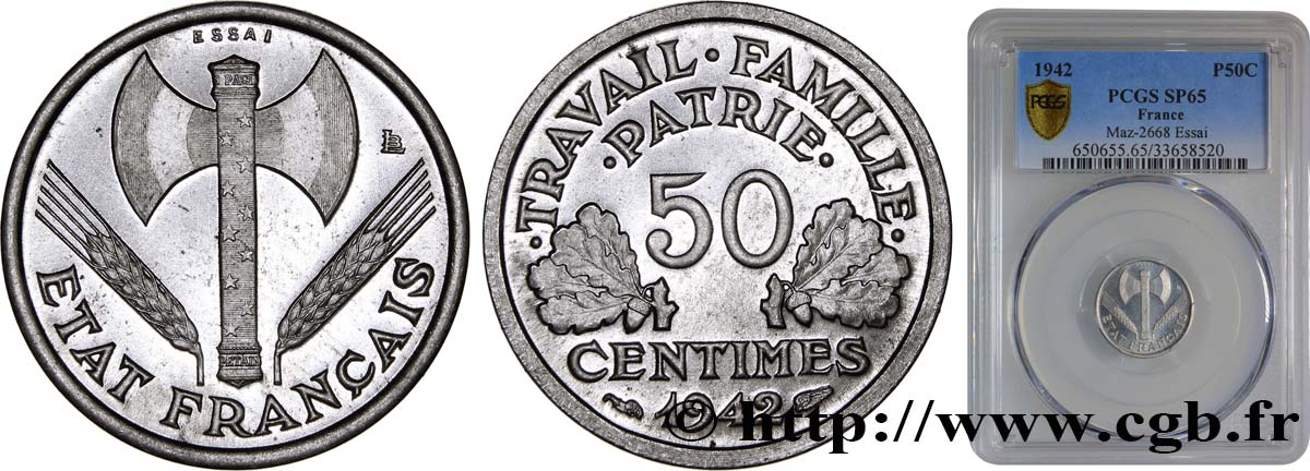 Essai de 50 centimes Francisque, lourde 1942 Paris F.195/1 FDC65 PCGS