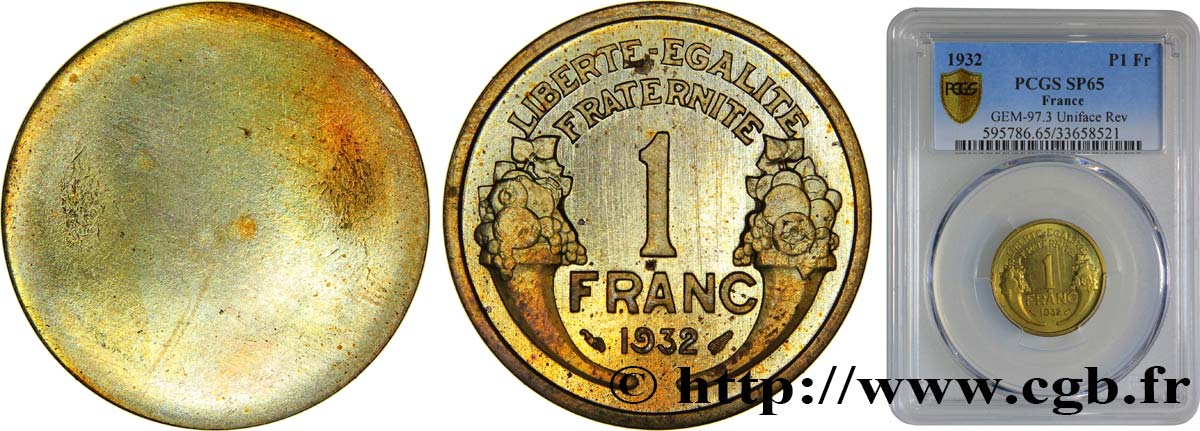 Essai uniface de revers de 1 franc Morlon 1932  GEM.97 3 ST65 PCGS