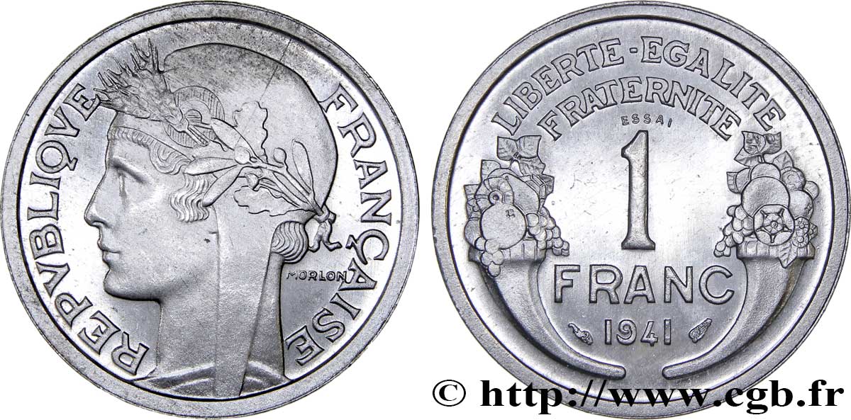 Essai de 1 franc Morlon, lourde 1941 Paris GEM.100 3 var. MS64 