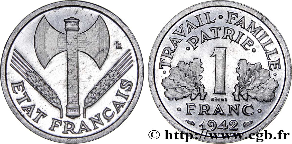 Essai de 1 franc Francisque, légère 1942 Paris F.223/1 MS65 
