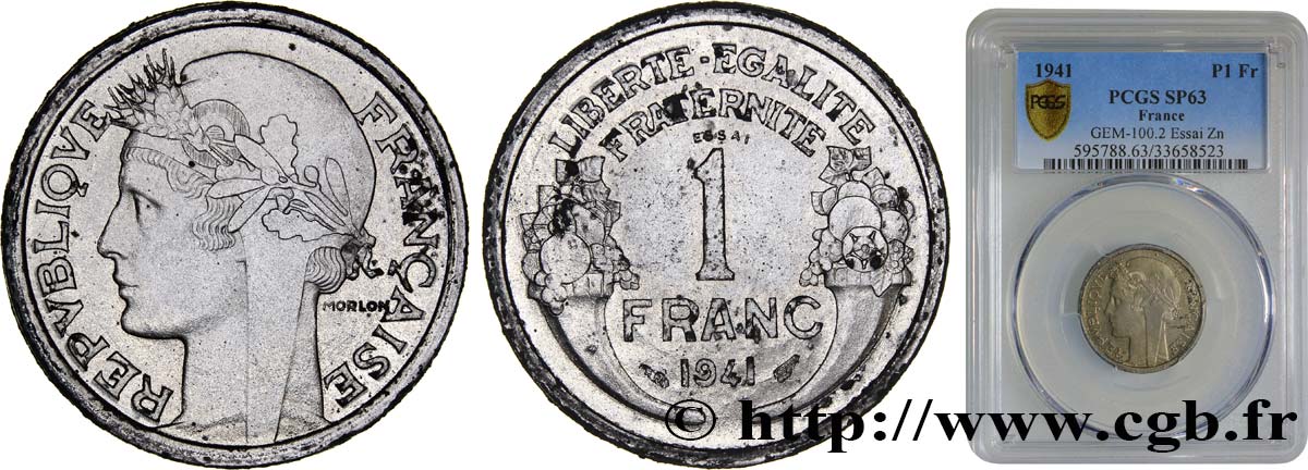 Essai de 1 franc Morlon en zinc 1941 Paris F.221/1 fST63 PCGS