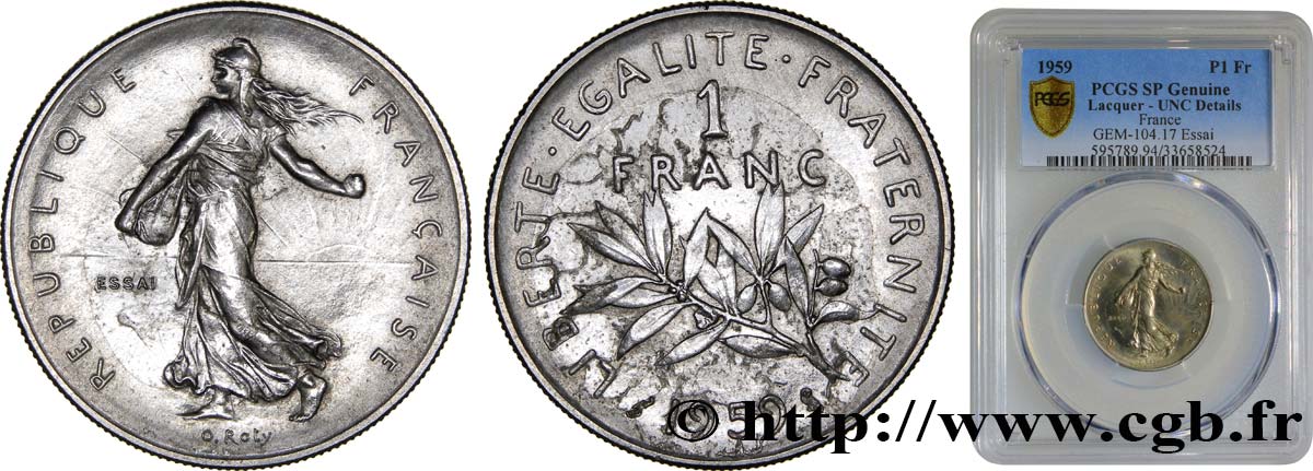 Pré-série avec le mot Essai de 1 franc Semeuse, nickel 1959 Paris F.226/2 ST PCGS