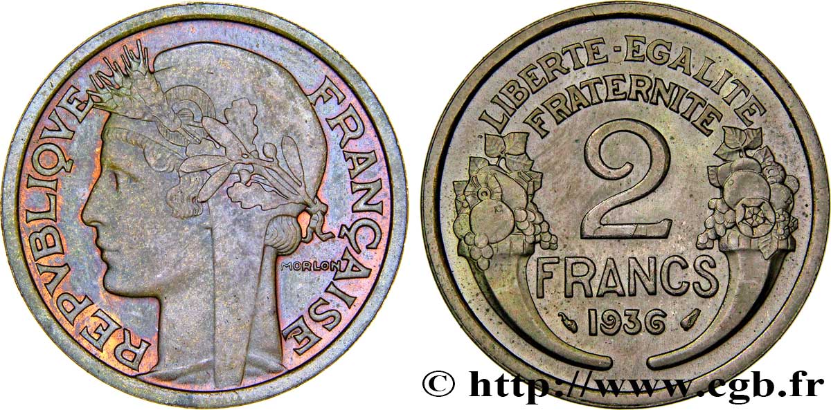 Essai de 2 francs Morlon, fer plaqué nickel au revers (??) 1936 Paris VG.5432  SPL63 