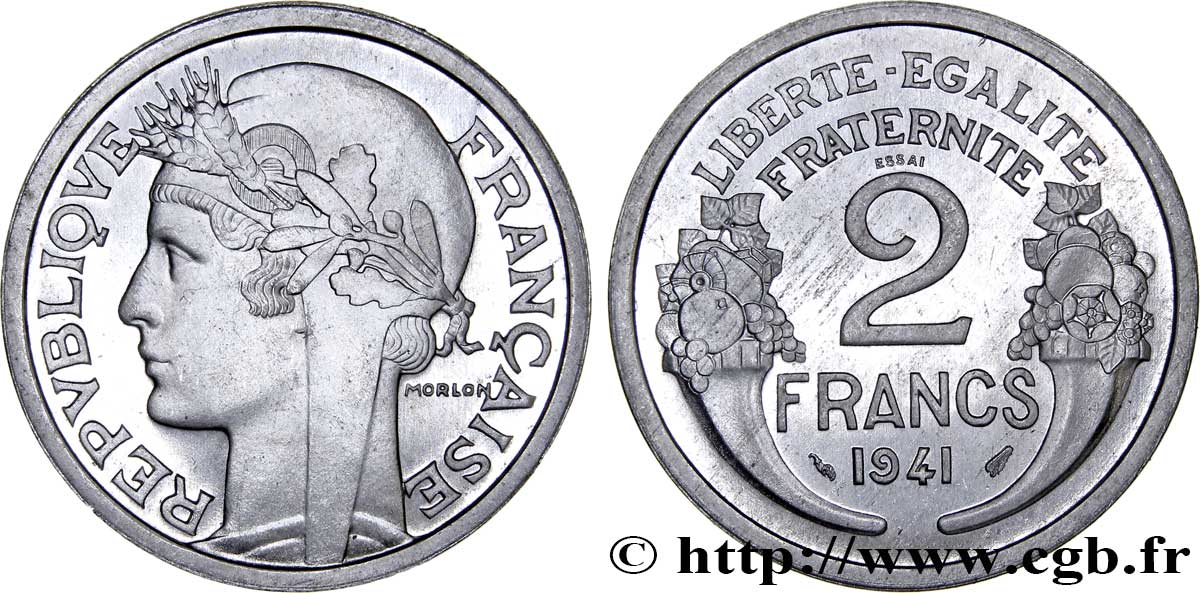 Essai de 2 francs Morlon, aluminium 1941 Paris F.269/1 MS65 