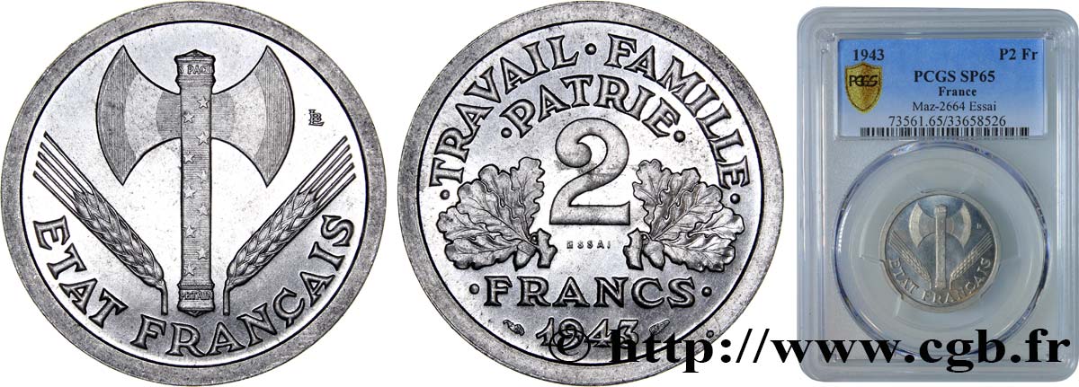 Essai de 2 francs Francisque 1943 Paris F.270/1 FDC65 PCGS