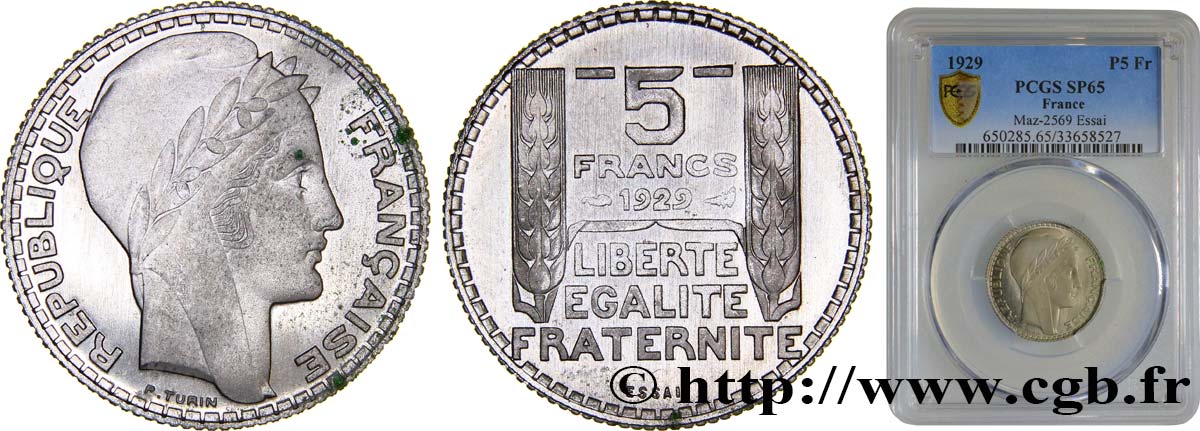 Concours de 5 francs, essai de Turin en nickel, poids 5 g 1929 Paris GEM.140 2 MS65 PCGS