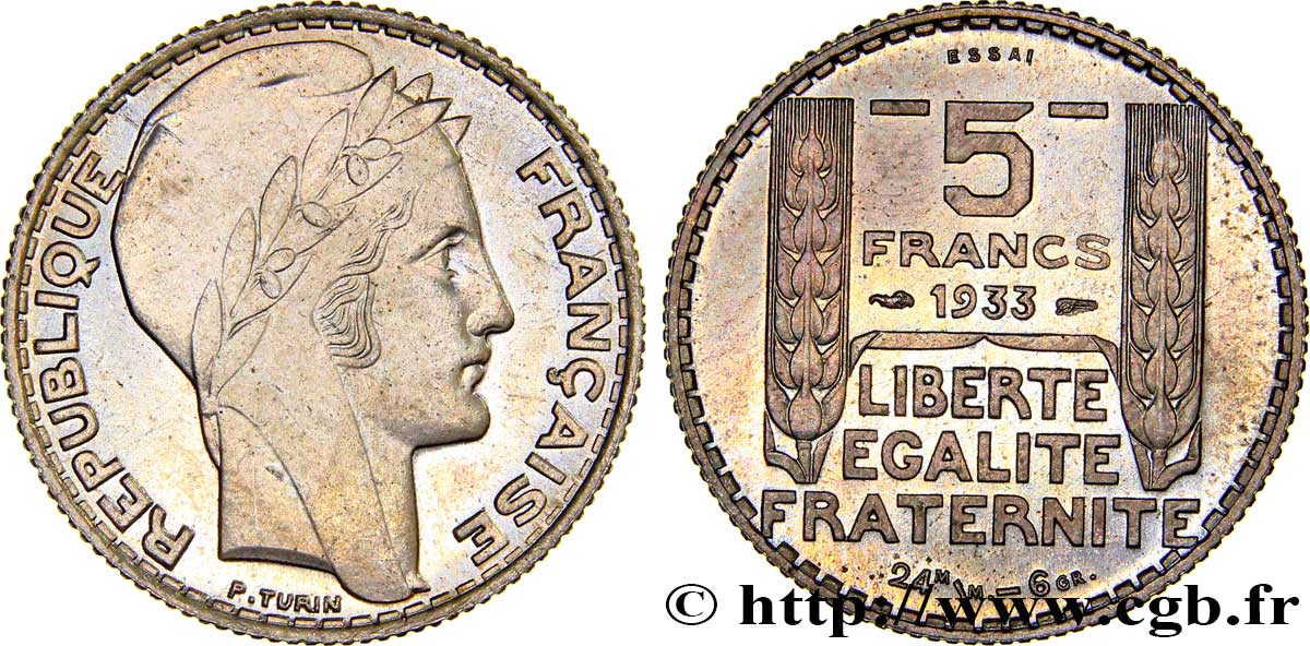 Concours de 5 francs, essai de Turin en cupro-nickel 1933 Paris GEM.140 12 fST63 