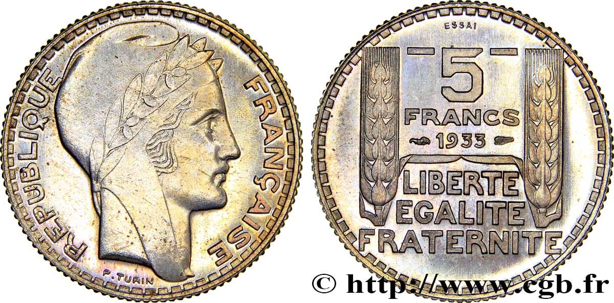 Concours de 5 francs, essai de Turin en cupro-nickel 1933 Paris GEM.140 11 ST65 