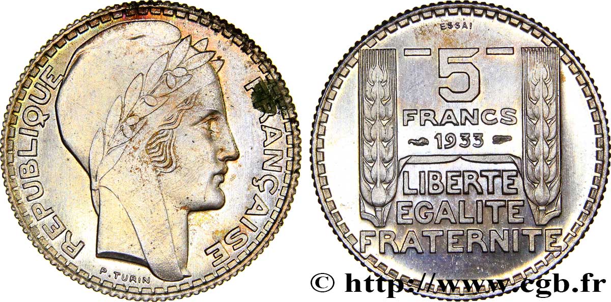 Concours de 5 francs, essai de Turin en bronze-nickel 1933 Paris GEM.140 14 FDC65 