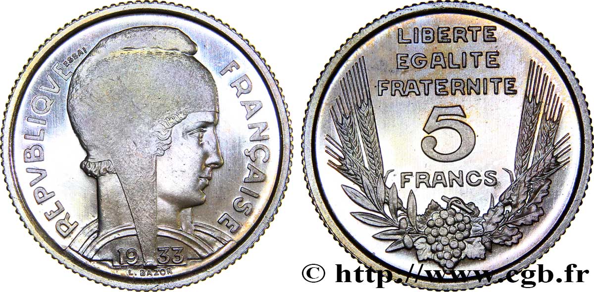 Concours de 5 francs, essai de Bazor en cupro-nickel non magnétique, poids standard 1933 Paris F.335/1 var. FDC65 