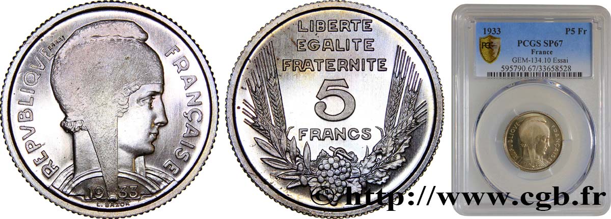 Concours de 5 francs, essai de Bazor en cupro-nickel non magnétique, poids léger 1933 Paris F.335/1 MS64 