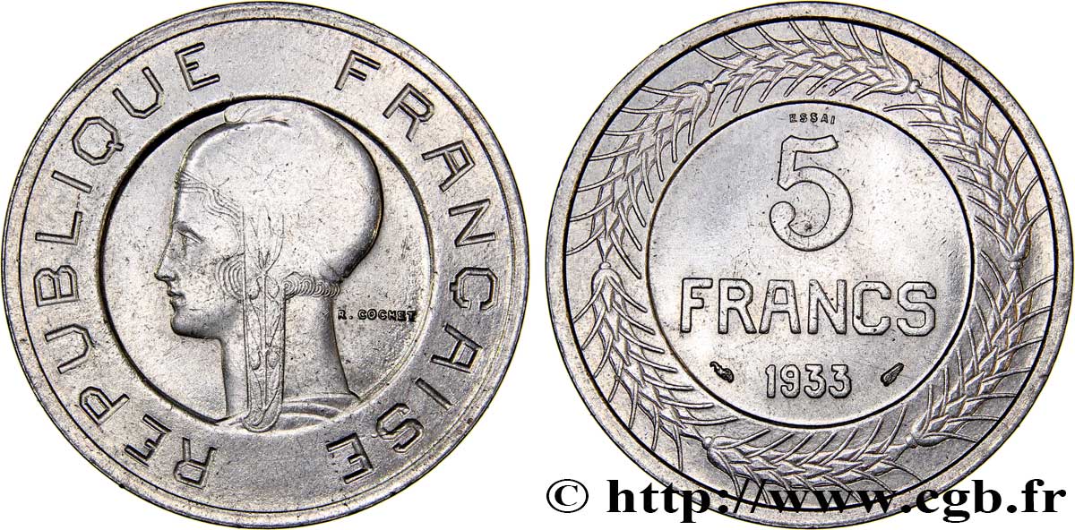 Concours de 5 francs, essai de Cochet en nickel 1933 Paris GEM.135 1 SPL62 