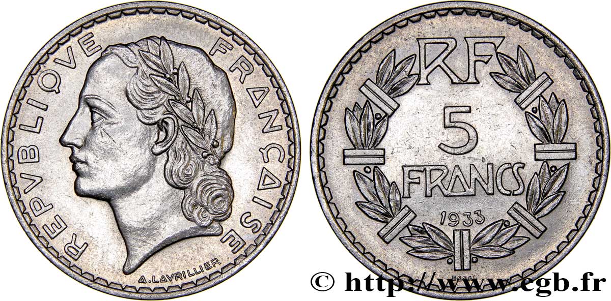 Concours de 5 francs, essai de Lavrillier en nickel, sans différents 1933 Paris VG.5357  SPL63 