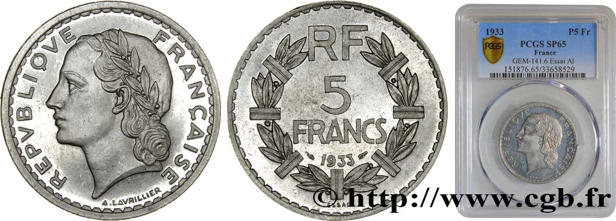 Concours de 5 francs, essai de Lavrillier en aluminium, poids intermédiaire 1933 Paris GEM.141 6 FDC65 PCGS