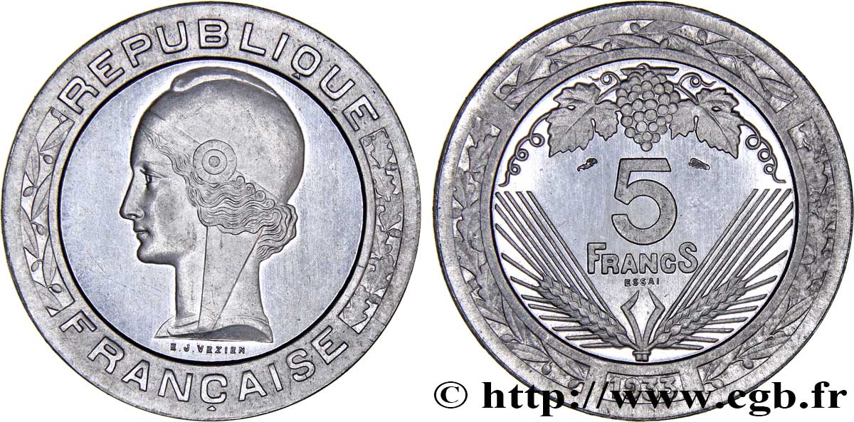 Concours de 5 francs, essai de Vézien en aluminium, lourd, 4,5 g 1933 Paris GEM.139 4 MS63 