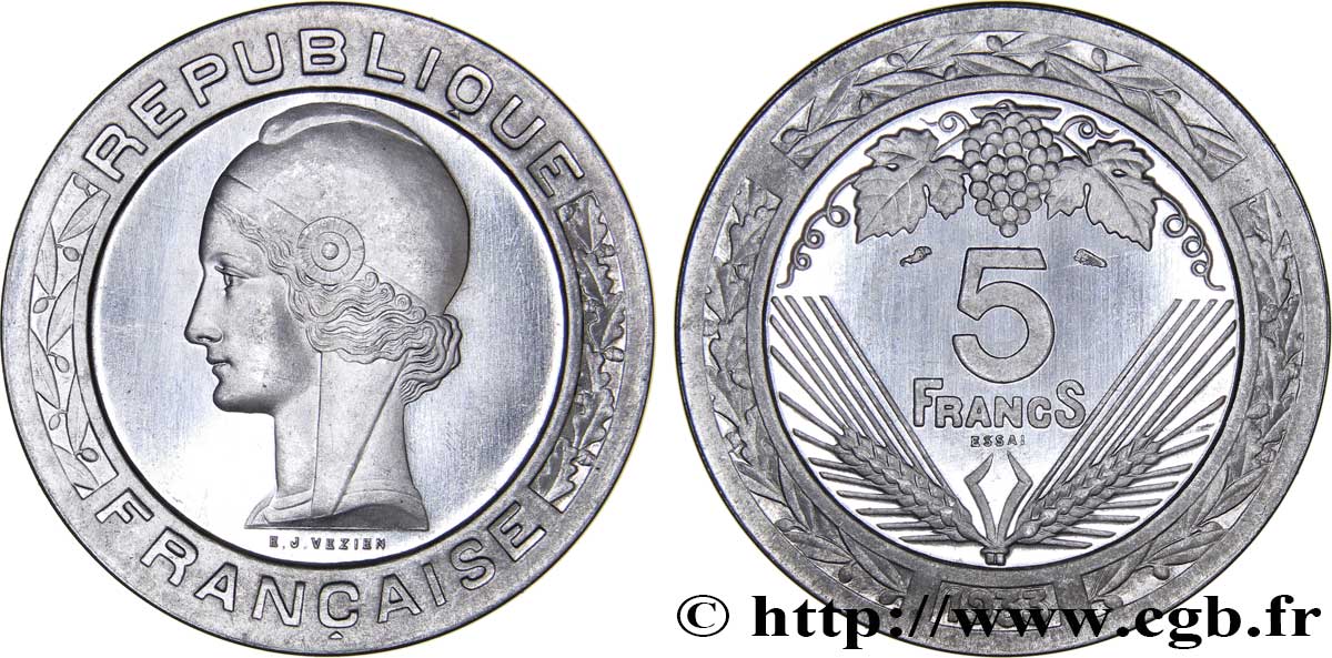 Concours de 5 francs, essai de Vézien en aluminium, léger, 3,5 g 1933 Paris GEM.139 4 MS63 