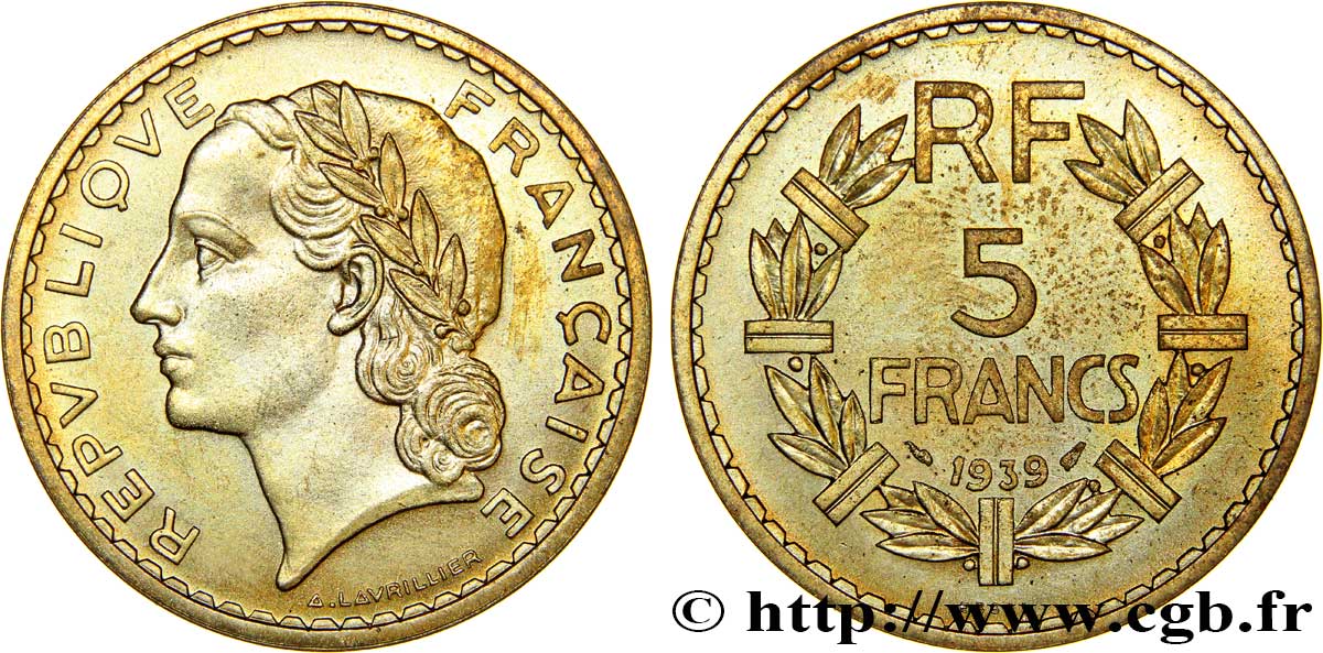 Essai de 5 francs Lavrillier, bronze-aluminium 1939 Paris F.337/2 SPL63 