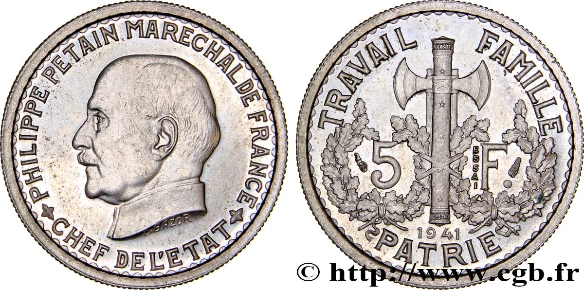 Essai de 5 francs Pétain en cupro-nickel, 1er projet de Bazor 1941 Paris VG.5573   SPL63 