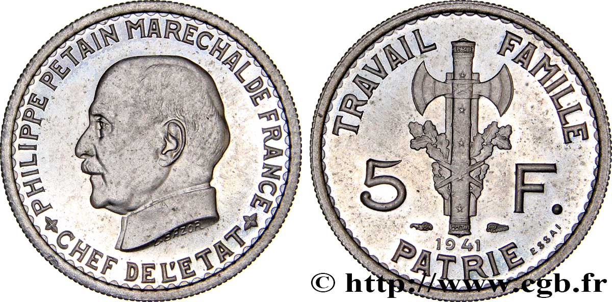 Essai de 5 francs Pétain en cupro-nickel, 2e projet de Bazor 1941 Paris VG.5574  SPL63 