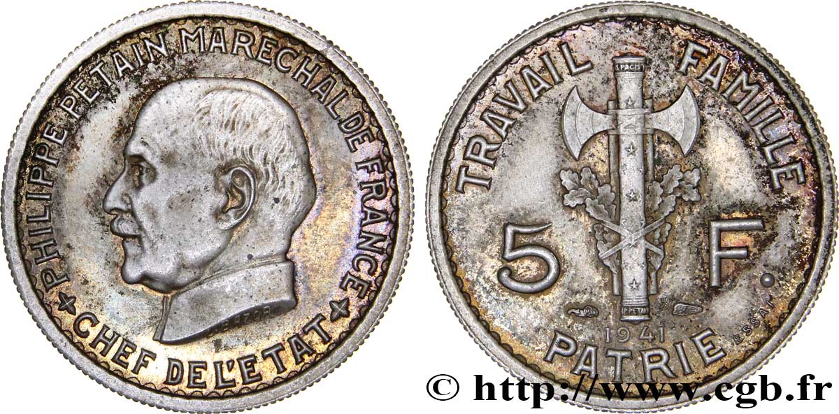 Essai de 5 francs Pétain en cupro-nickel, 2e projet de Bazor 1941 Paris GEM.142 38 fST63 