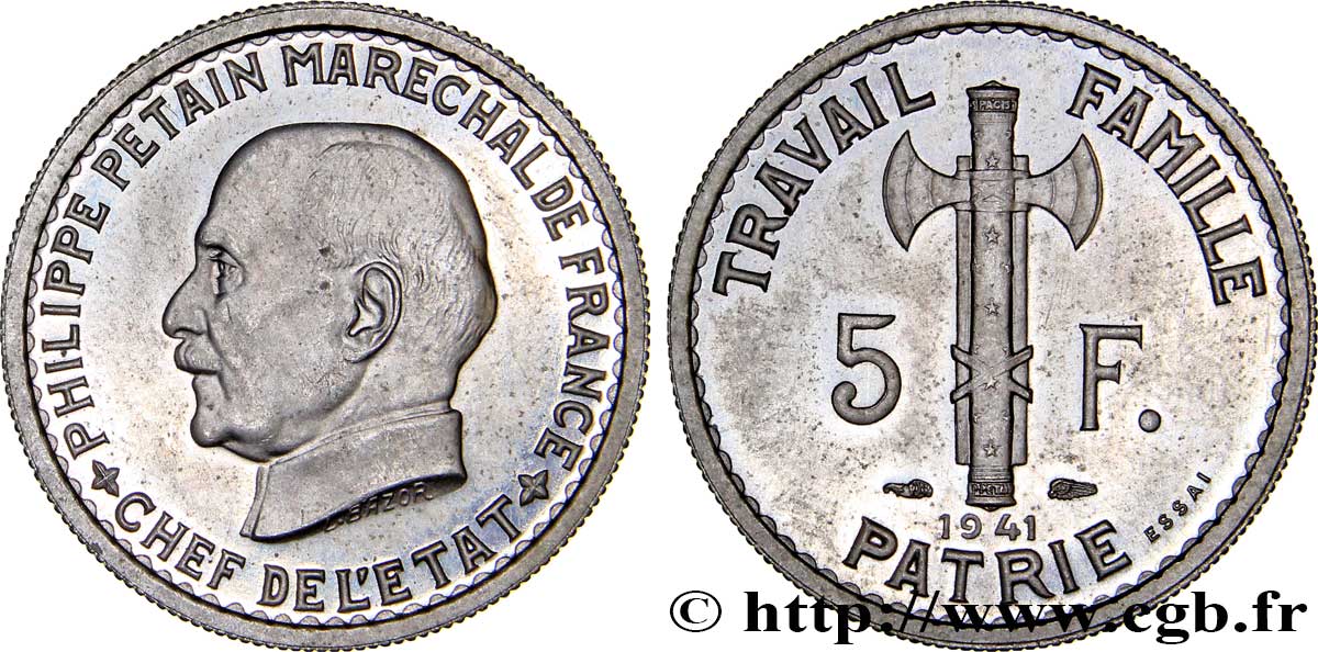 Essai de 5 francs Pétain en cupro-nickel, 3e projet de Bazor, petit 5 1941 Paris GEM.142 53 MS63 