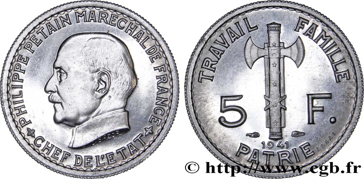 Essai de 5 francs Pétain en aluminium, 3e projet de Bazor (type adopté) 1941 Paris GEM.142 62 SPL64 