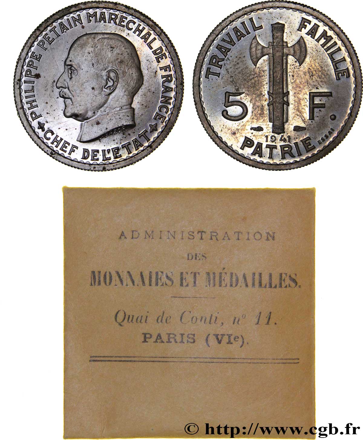 Essai de 5 francs Pétain en cupro-nickel, 3e projet de Bazor 1941 Paris GEM.142 63 MS63 