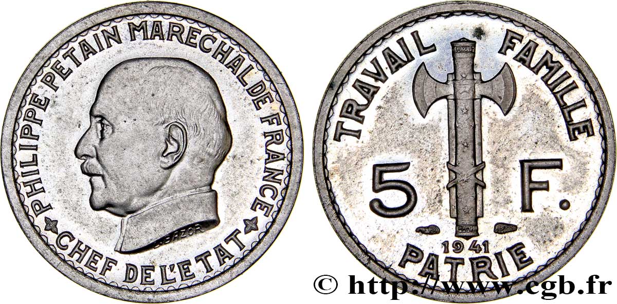 Piéfort de 5 francs Pétain 1941 Paris F.338/2 var. SUP62 
