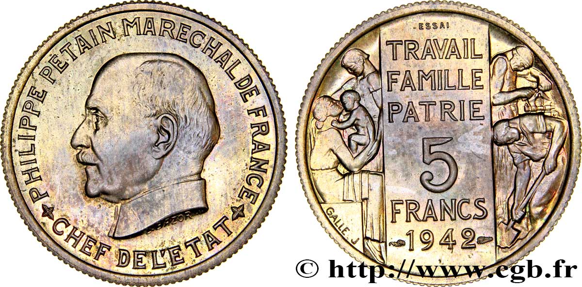 Essai grand module de 5 francs Pétain en bronze-aluminium par Bazor et Galle 1942 Paris VG.5609  var. SUP62 