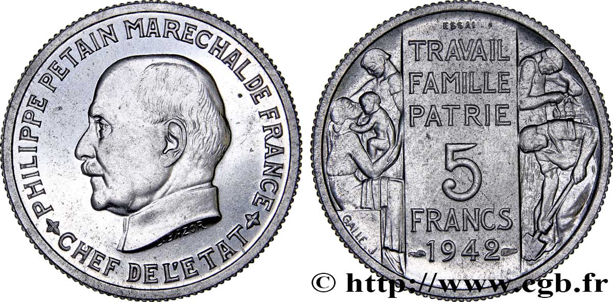 Essai grand module de 5 francs Pétain en aluminium par Bazor et Galle 1942 Paris GEM.143 3 MS64 