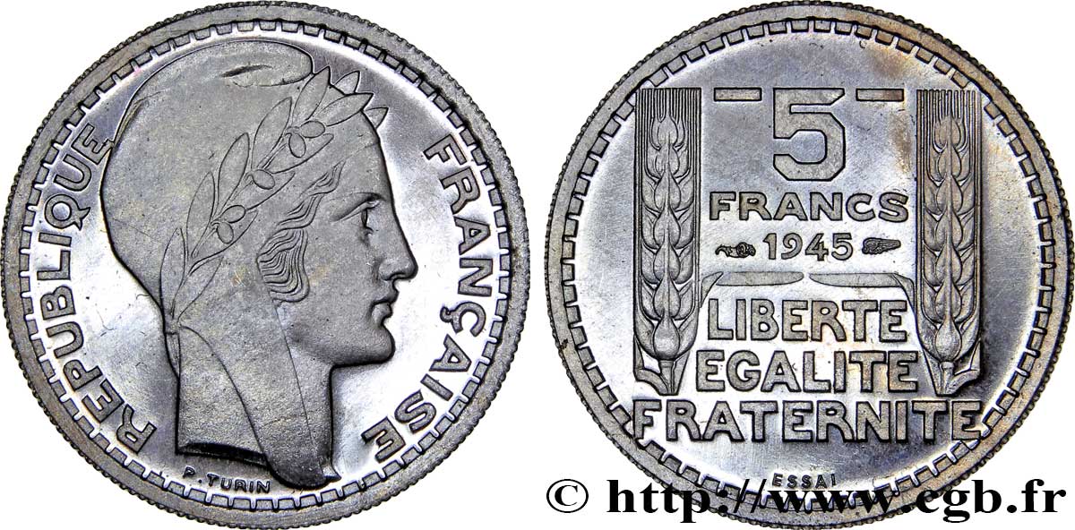 Essai de 5 francs Turin en cupro-nickel 1945 Paris  SPL63 
