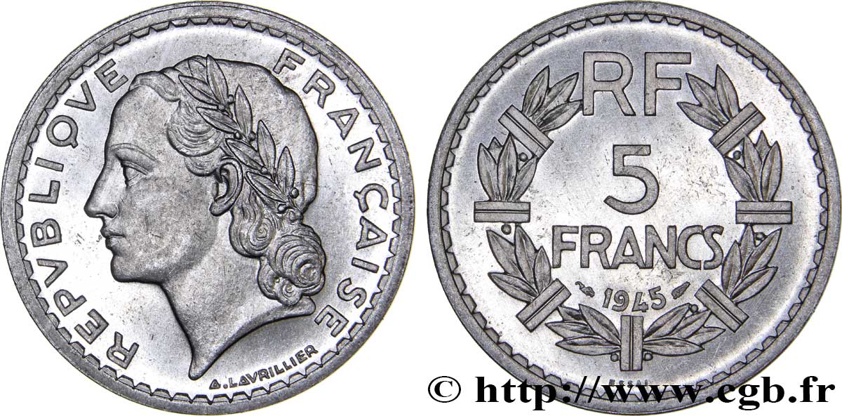 Essai de 5 francs Lavrillier, aluminium 1945 Paris F.339/1 MS63 