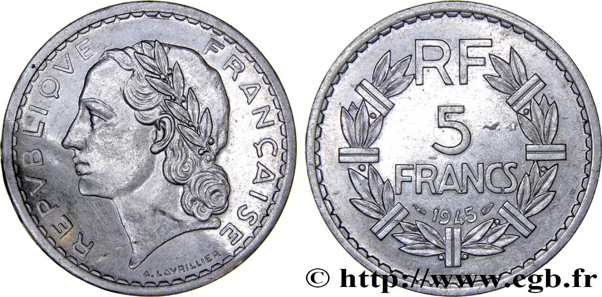 Essai de 5 francs Lavrillier, aluminium 1945 Paris F.339/1 BB 