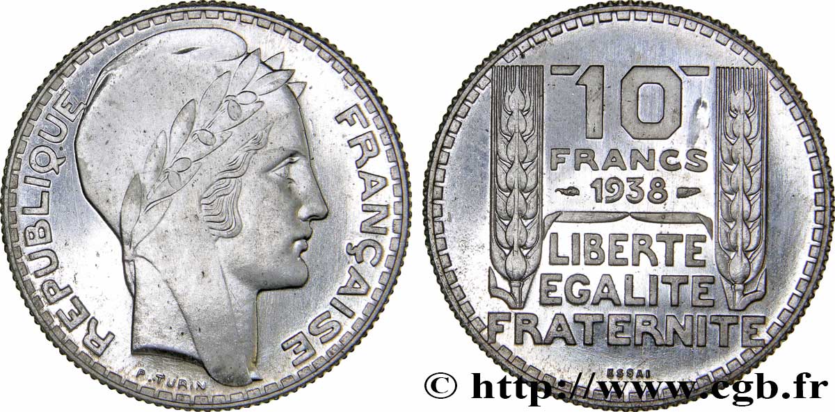 Préparation de la 10 francs Pétain, type Turin, essai en aluminium, tranche striée, lourd 1938 Paris GEM.173 4 fST63 