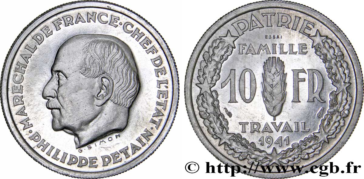Essai de 10 francs Pétain en aluminium par Simon, poids lourd (3 g) 1941 Paris GEM.177 3 MS64 