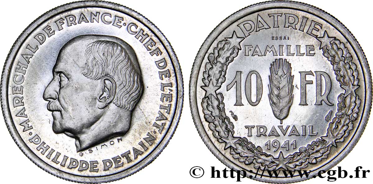 Essai de 10 francs Pétain en aluminium par Simon, poids moyen (2,80 g) 1941 Paris GEM.177 3 FDC65 