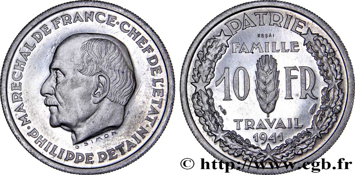 Essai de 10 francs Pétain en aluminium par Simon, poids léger (2,50 g) 1941 Paris GEM.177 1 MS64 