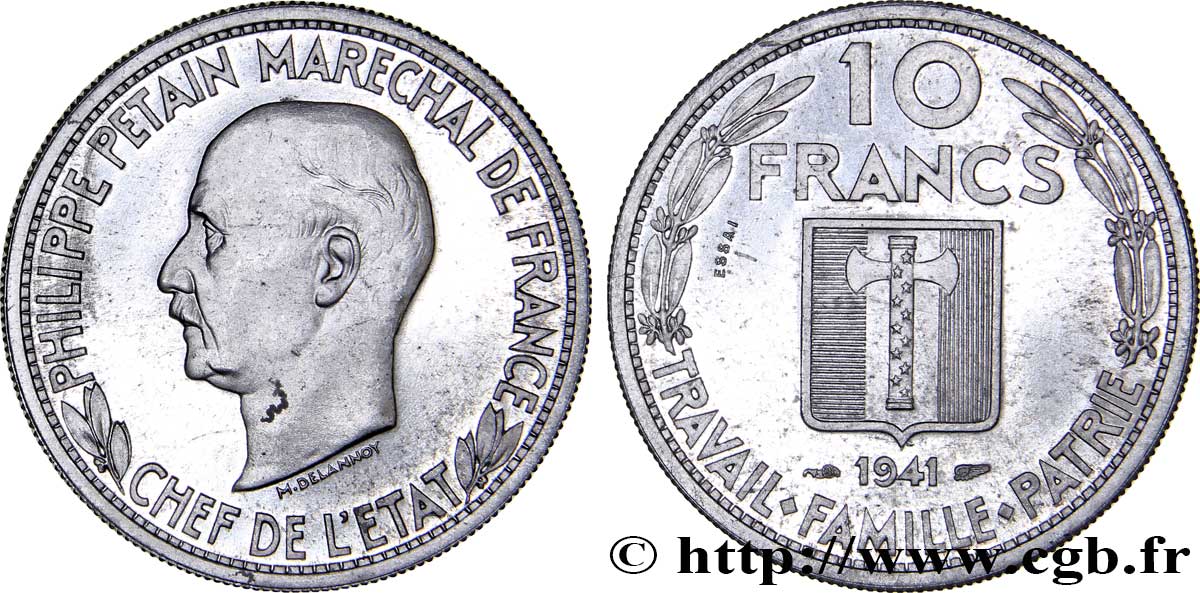 Essai de 10 francs Pétain en aluminium par Delannoy 1941 Paris GEM.175 3 MS60 