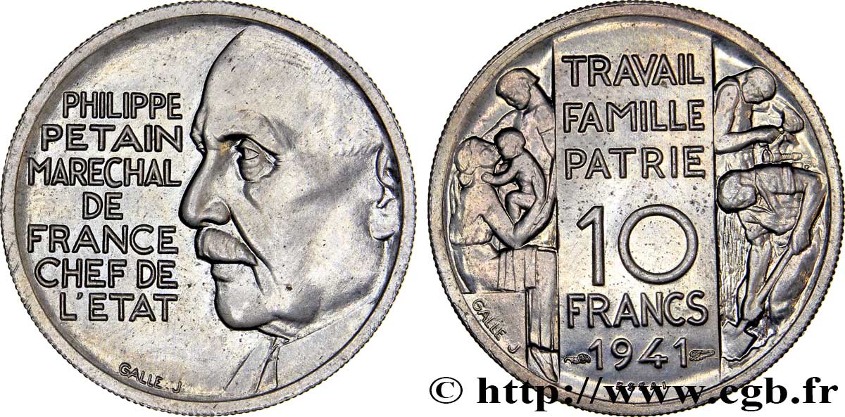 Essai de 10 francs Pétain en bronze-nickel par Galle 1941 Paris GEM.176 2 MS64 
