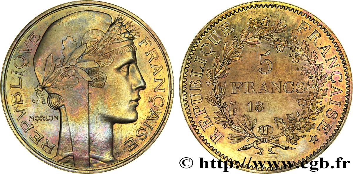 Essai de 5 francs en bronze-aluminium pour la frappe des 20 francs Turin par Morlon n.d. Paris VG.5262 var. SC64 