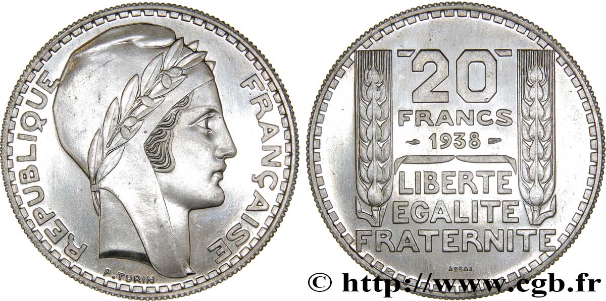 Préparation de la 20 francs Pétain, type Turin, essai en aluminium, tranche striée, 5,20 g 1938 Paris GEM.200  6 SPL63 