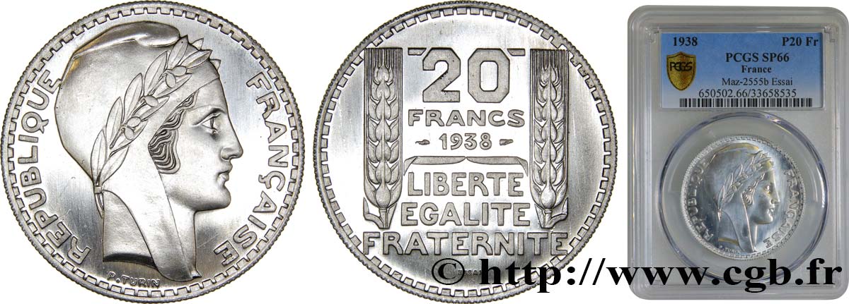 Préparation de la 20 francs Pétain, type Turin, essai en aluminium, tranche striée, 4 g 1938 Paris GEM.200  6 MS66 PCGS