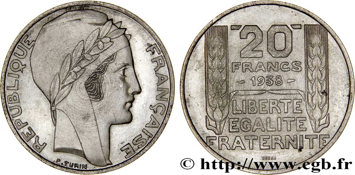 Essai de 20 francs Turin en nickel, tranche lisse 1938 Paris VG.5481  b var. MS60 
