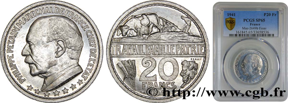 Essai de 20 francs Pétain en aluminium par Bouchard 1941 Paris GEM.201 1 ST65 PCGS